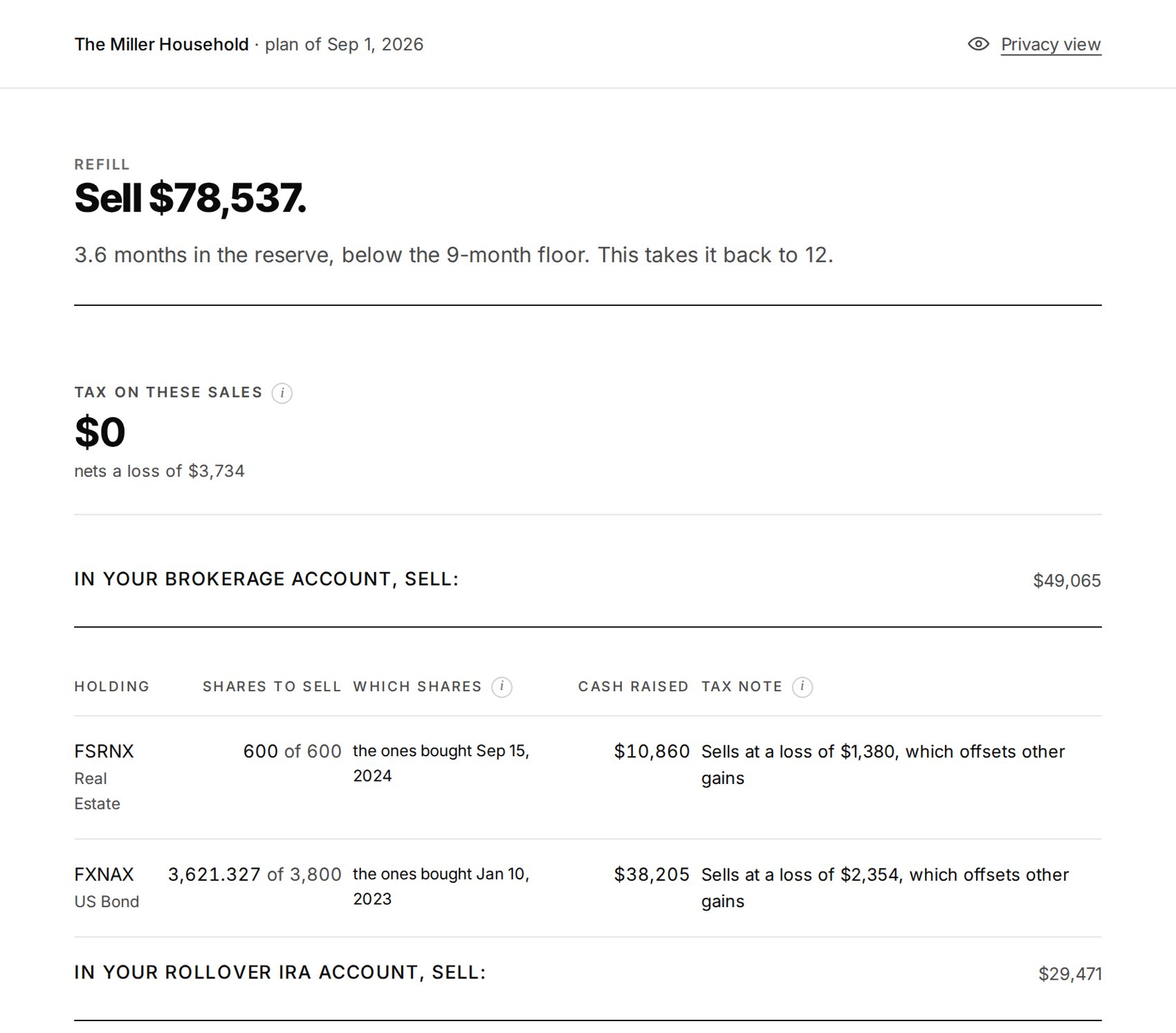 The Refill screen: the sales to place, lot by lot, with the tax estimate